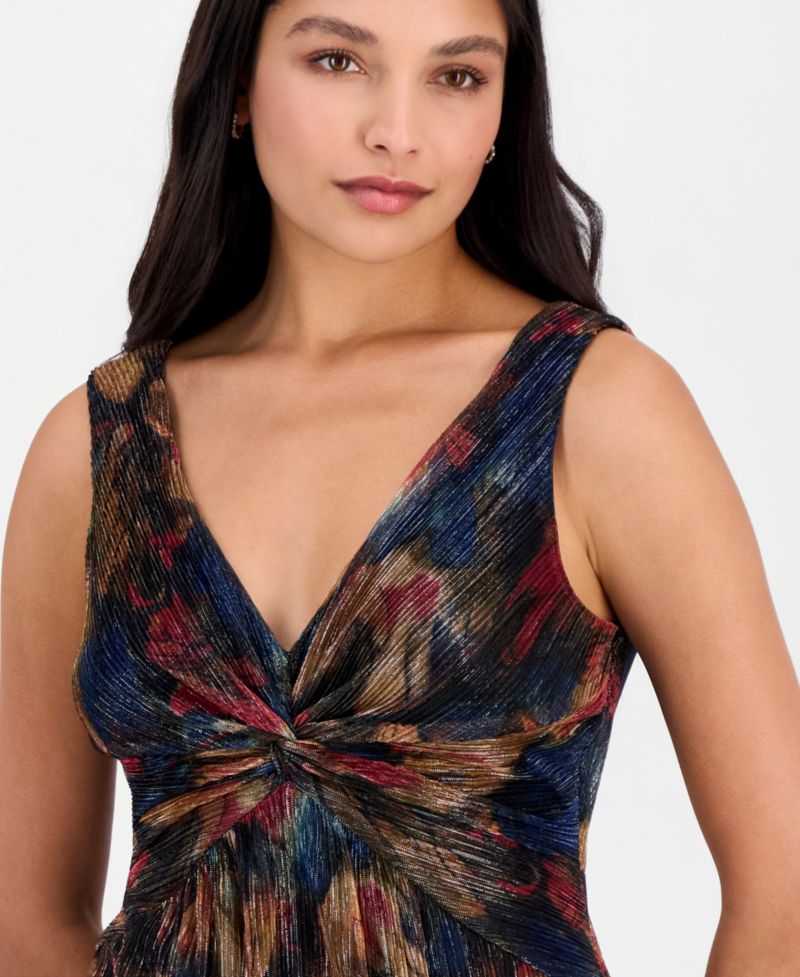 Petite Metallic-Print Twist-Front Sleeveless Dress