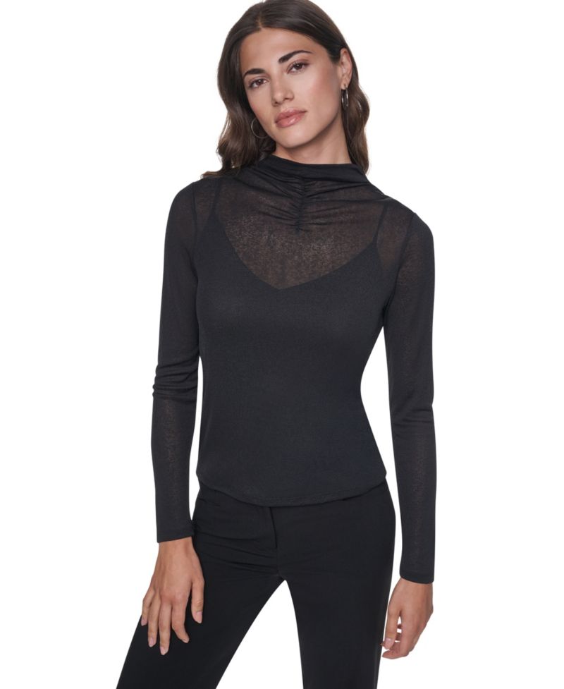 Women's Mock Neck Long Sleeve Sheer Blouse