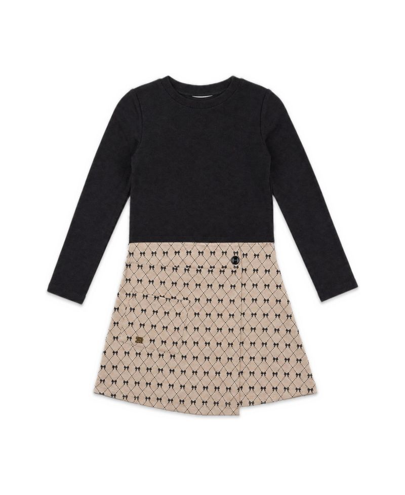 Girls' 4-16 Bow-Tie Allover Print Long-Sleeve Wrap-Style Dress