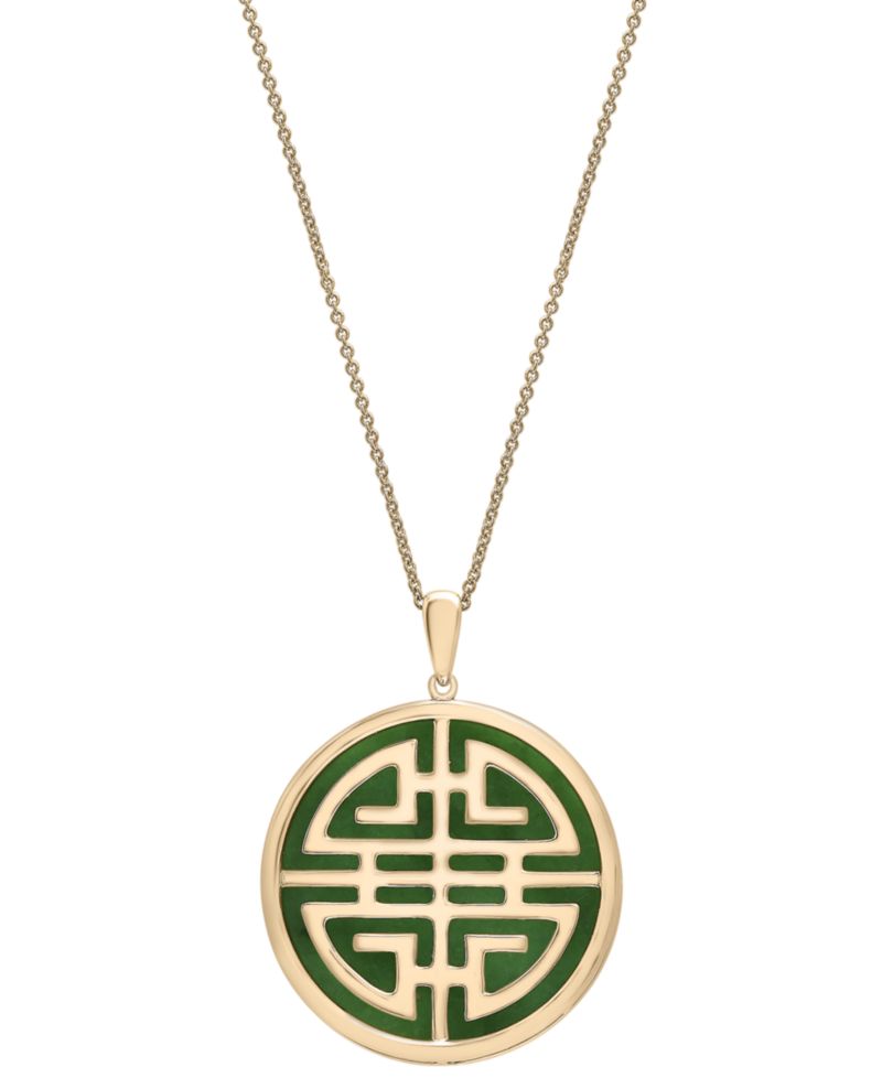 Dyed Jade Double Happiness Inlay Pendant Neckalce in 14k Gold-Plated Sterling Silver, 18" + 2" extender