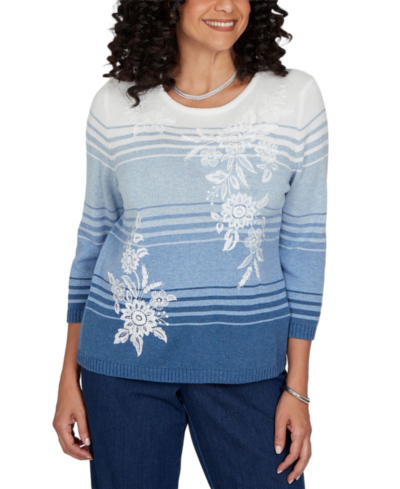 Petite Crewneck 3/4-Sleeve Stripe Sweater