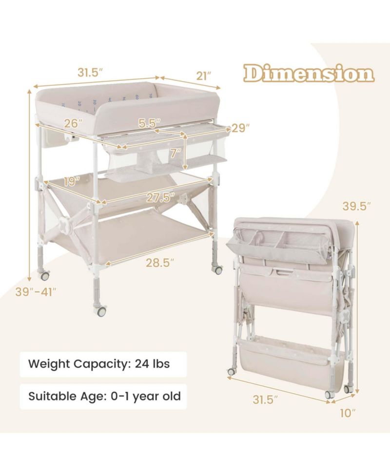 Portable Baby Changing Table with Wheels Adjustable Height Large Storage Rack