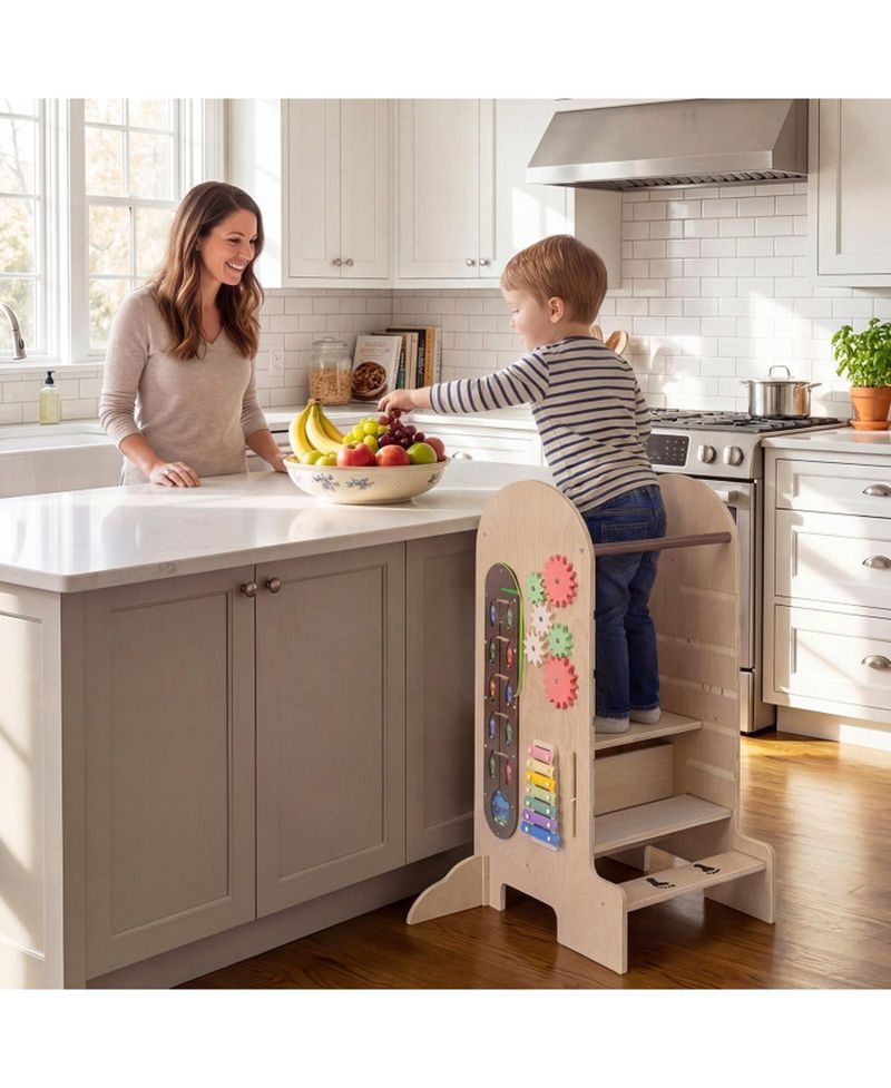 Kids 4-in-1 Adjustable Standing Tower with Chalkboard Slide and Montessori Games