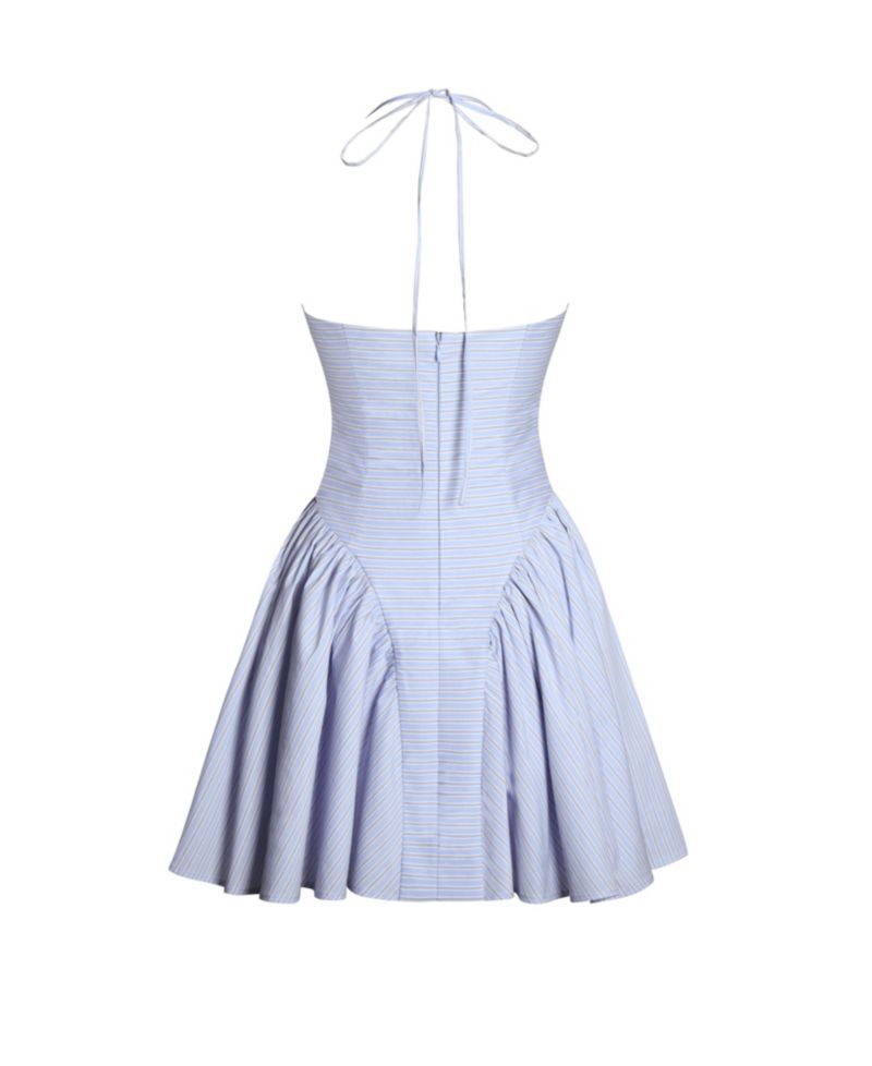 Women's Melody Baby Blue Railroad Stripe Halter Drop Waist Mini Dress