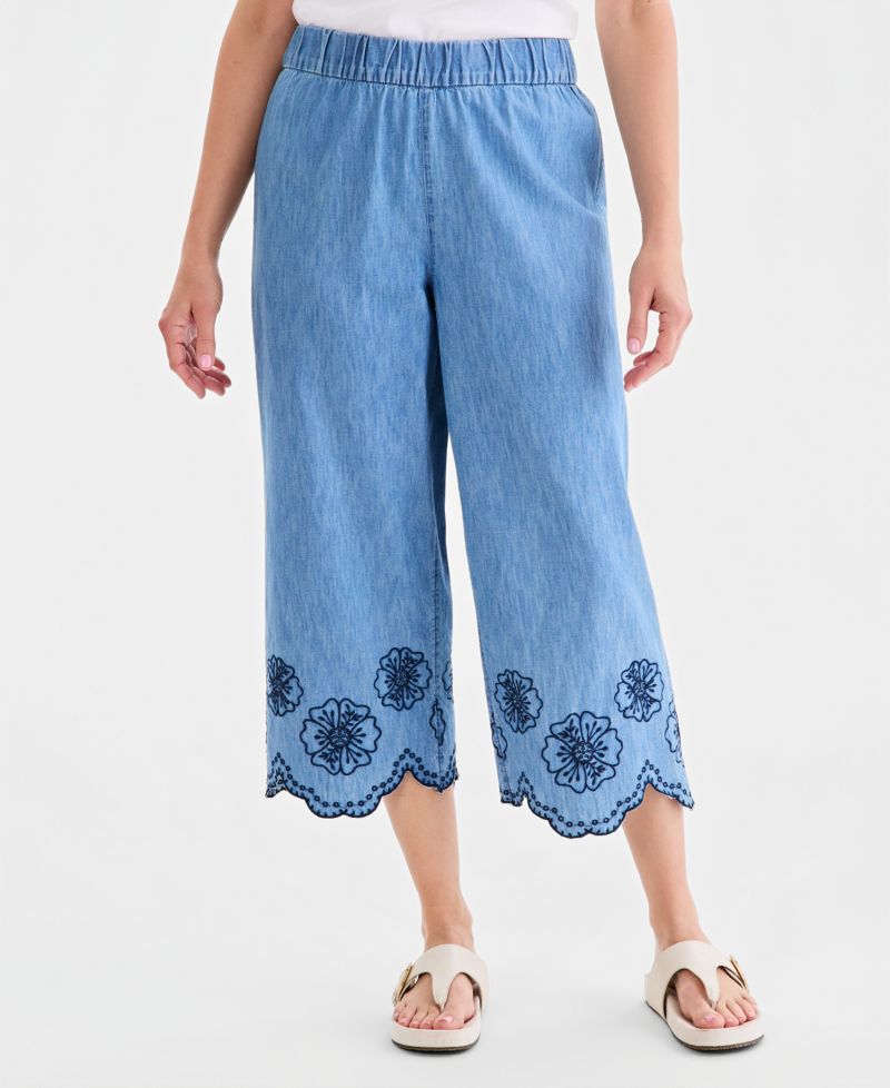 Women's Cotton Chambray Embroidered-Hem Capri Pants