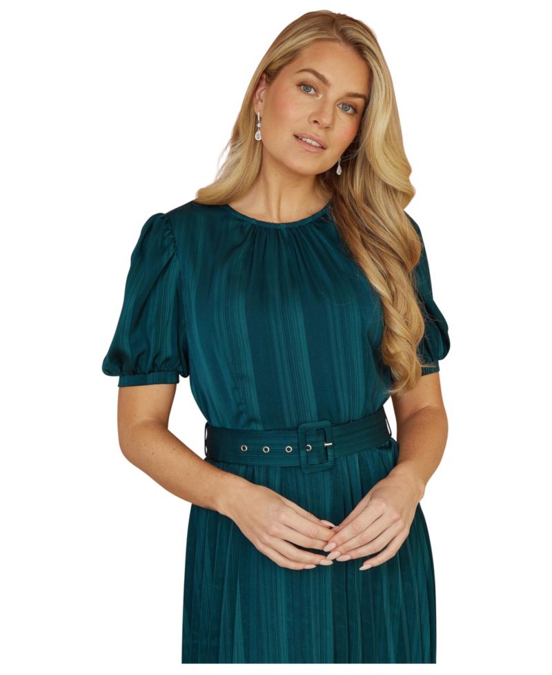 Women's Satin Pleated Stripe Midi Dress