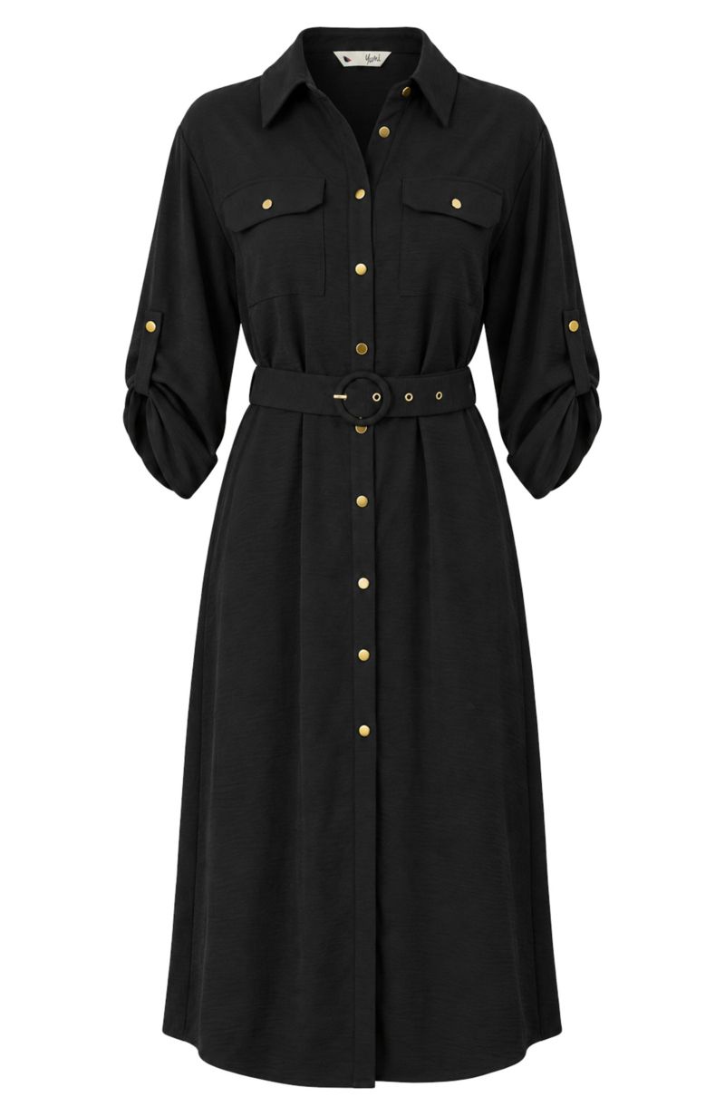 Women's 3/4 Sleeve Belted Midi Shirt Dress