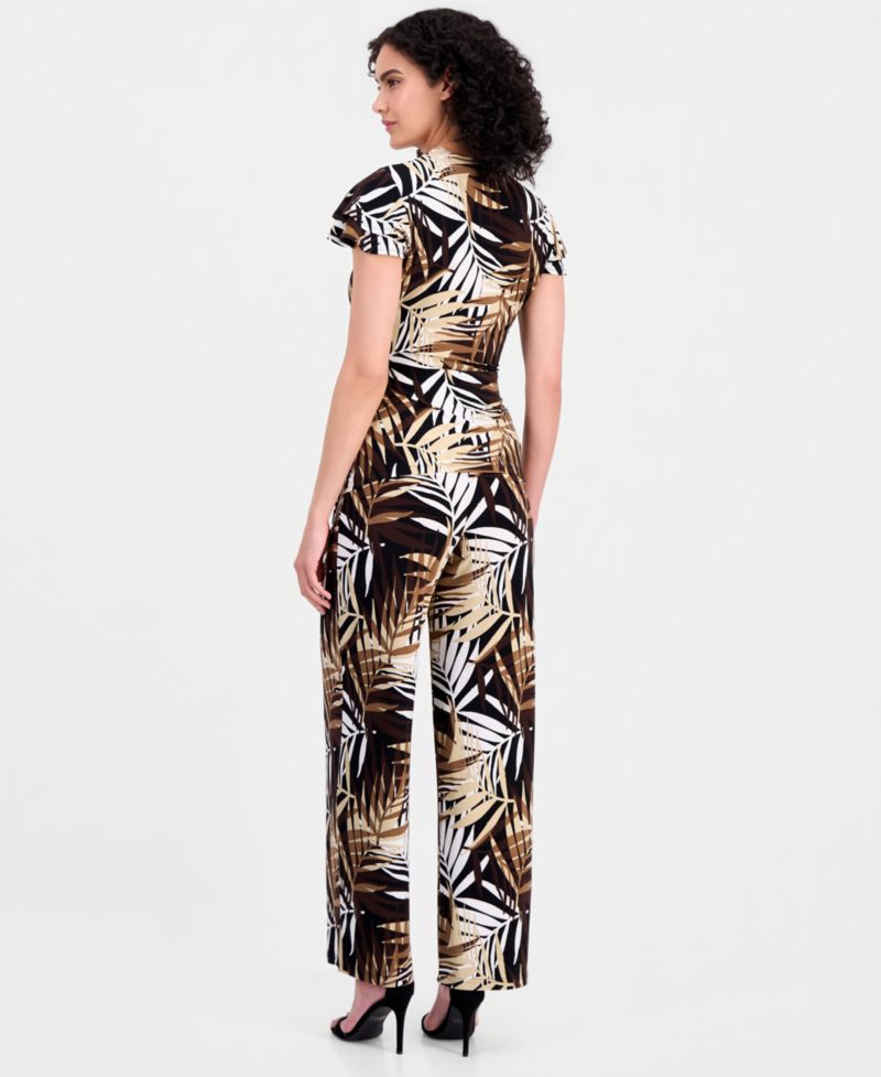 Women's Leo Palm-Print Flutter-Sleeve Wrap Top & Palm-Print Pull-On Wide-Leg Pants
