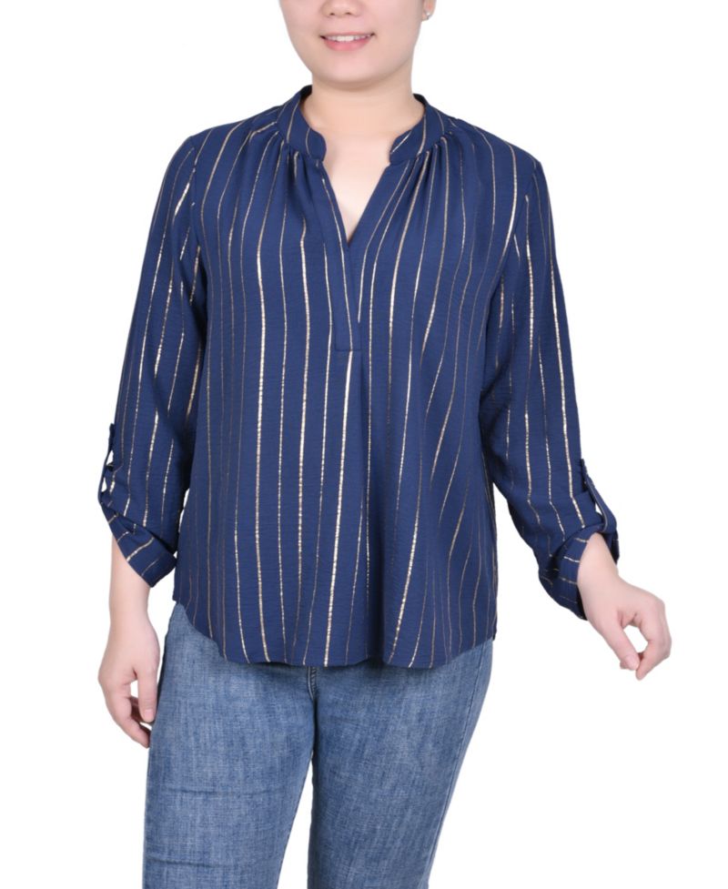 Petite Long Sleeve Foil Striped Blouse