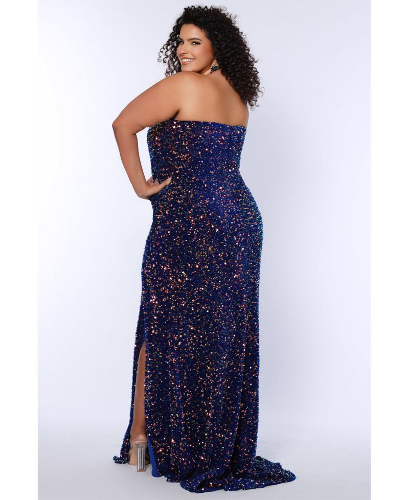 Plus Size Strapless Royal Blue Sequin Velvet Fitted Formal Dress with Slit