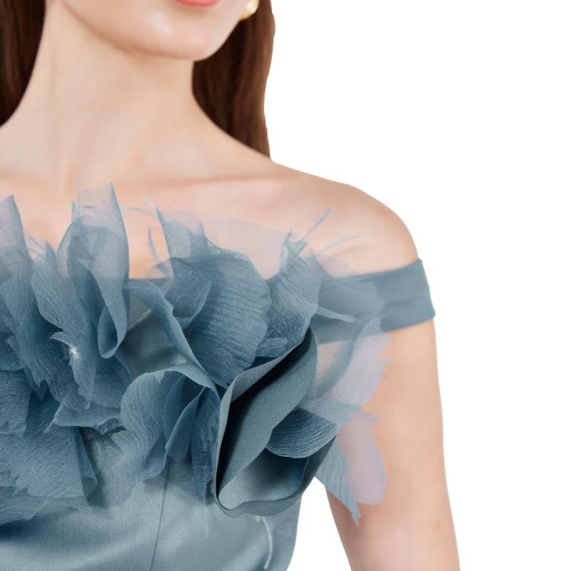 Women's Organza Floral Detail Pleated Satin Gown