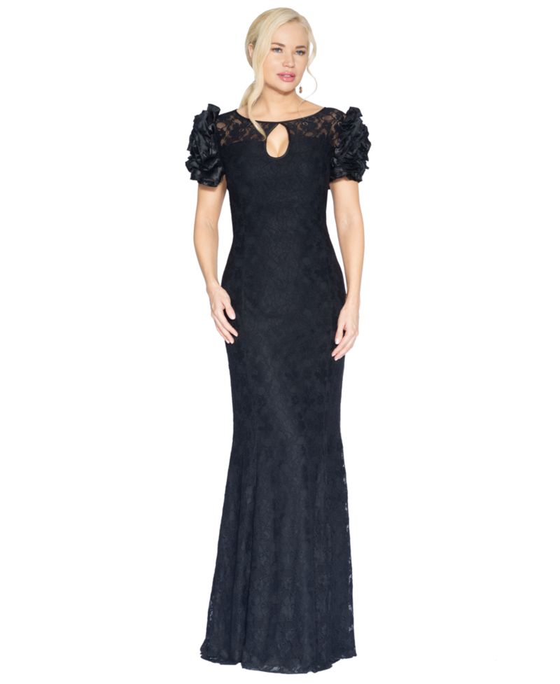 Women's Satin Floral-Sleeve Keyhole Lace Gown