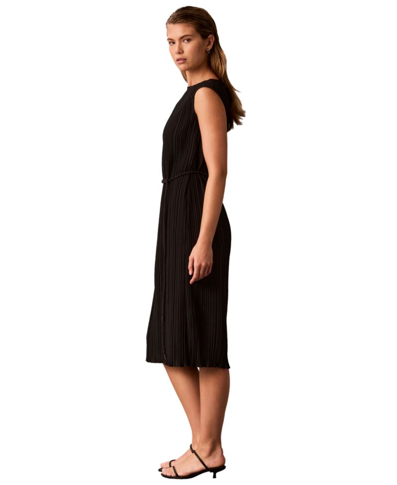 Women's Belted Pleated Boat Neck Midi Dress
