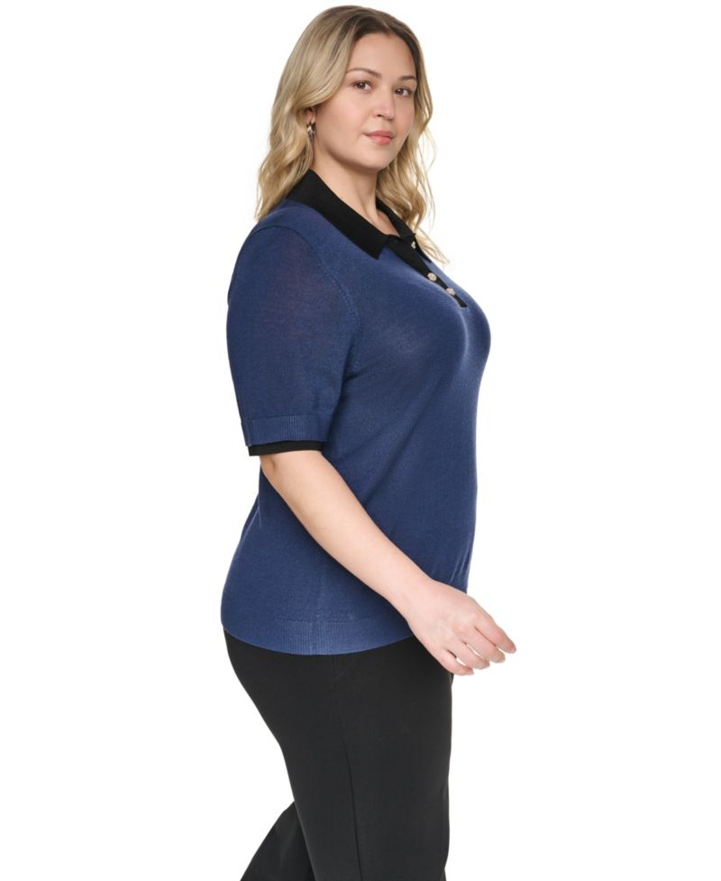 Plus Size Johnny Collar Short-Sleeve Sweater