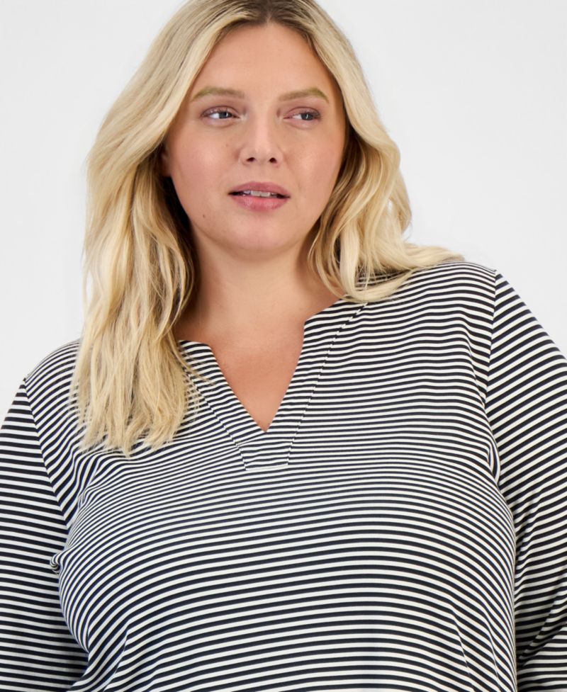 Plus Size Striped 3/4-Sleeve Split-Neck Tunic