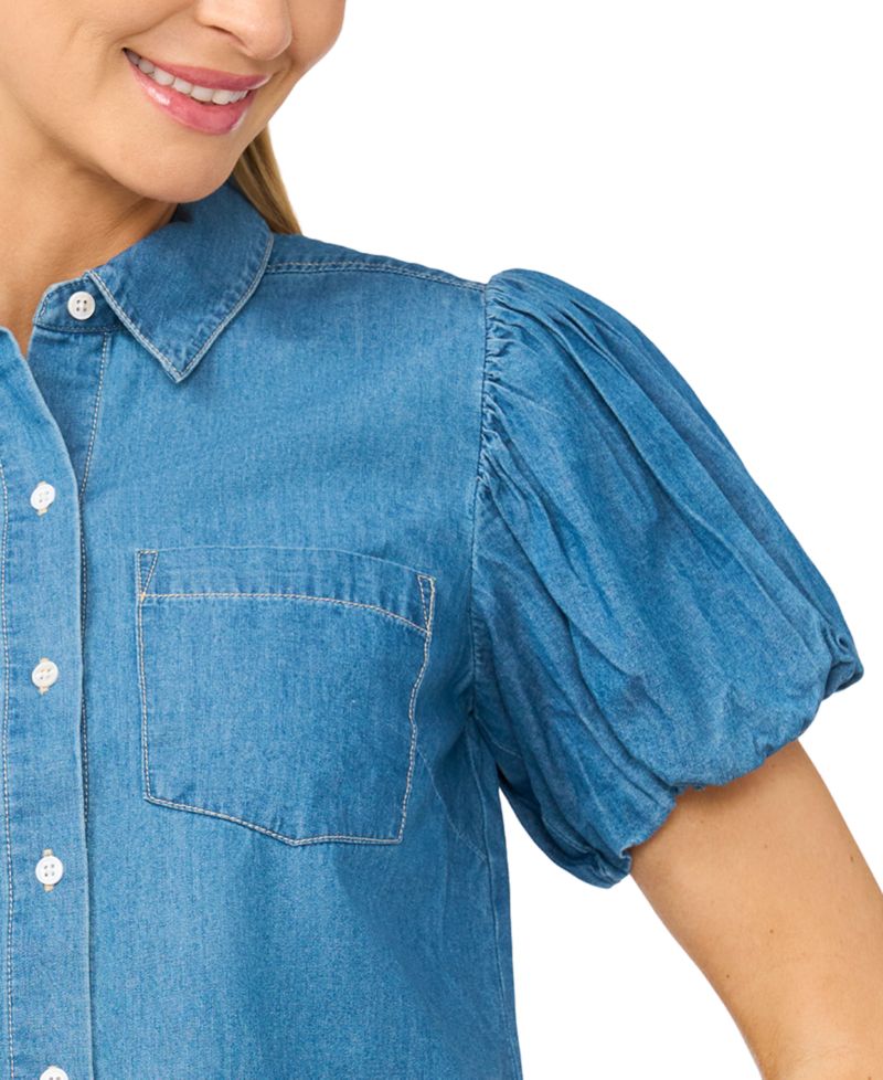 Women's Collared Puff-Sleeve Button-Up Cotton Top