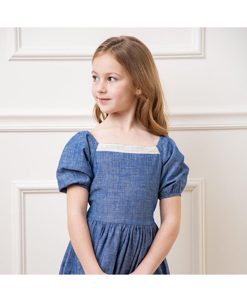 Toddler Girls Hope and Henry Short Bubble Sleeve Crochet Trim Chambray Dress