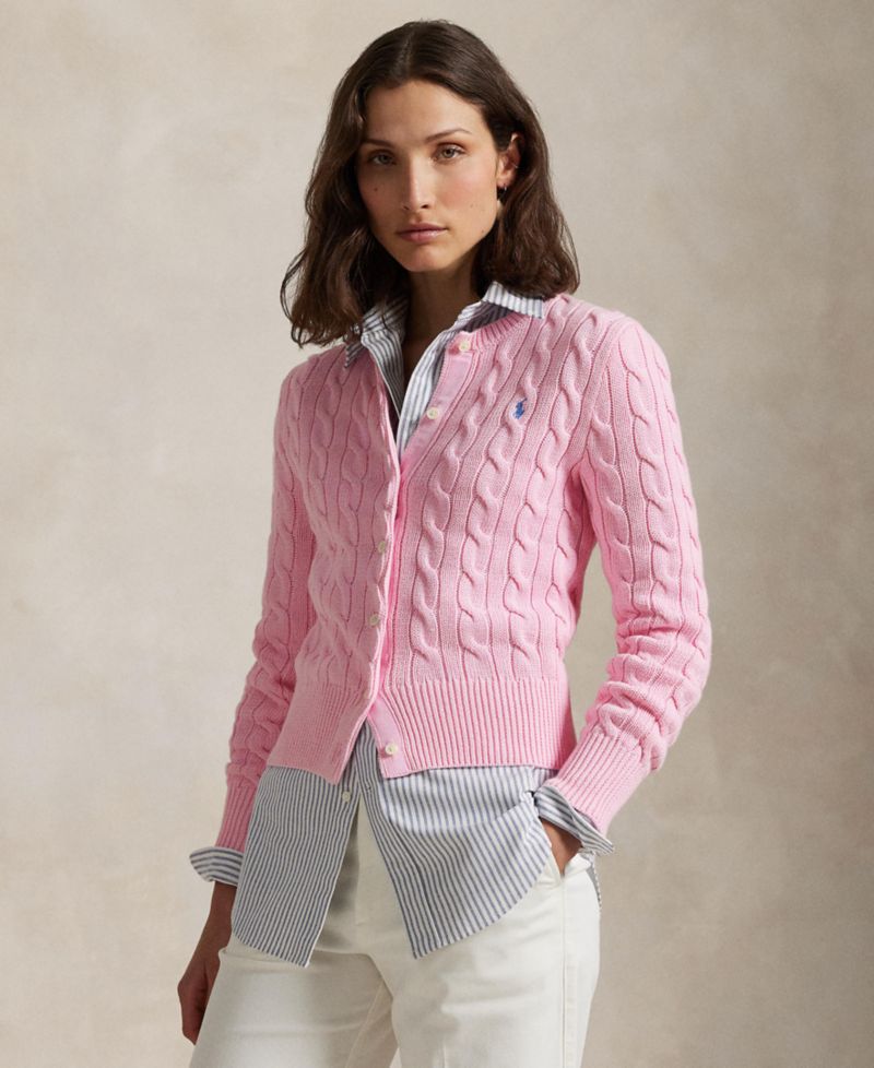 Women's Cable-Knit Cotton Crewneck Cardigan Sweater