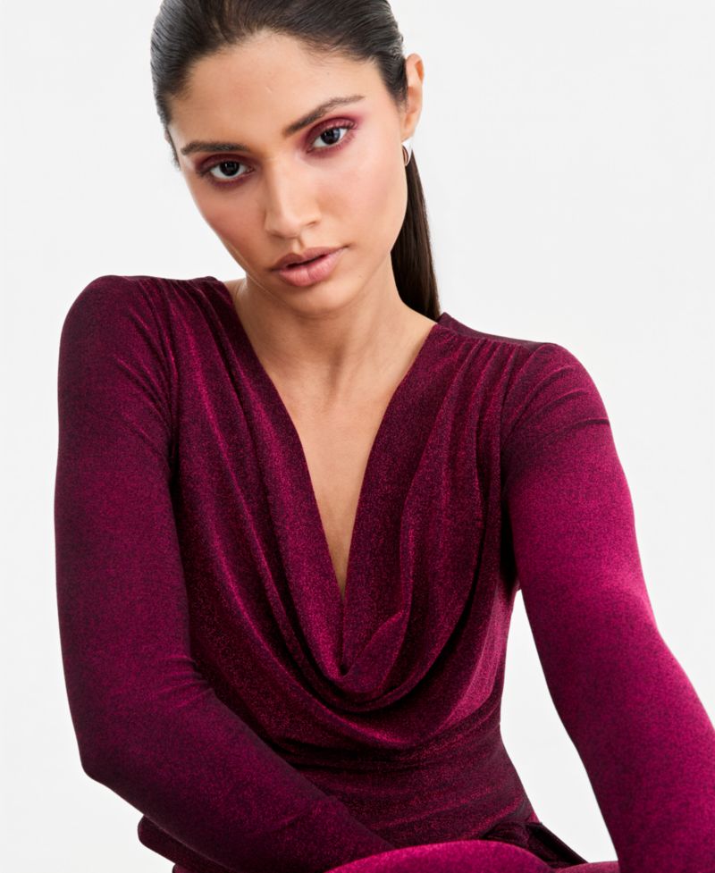 Women's Long-Sleeve Metallic-Knit Cowl Neck Top