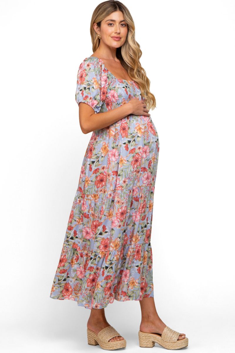 Women's Blue Floral Smocked Square Neck Tiered Maxi Dress