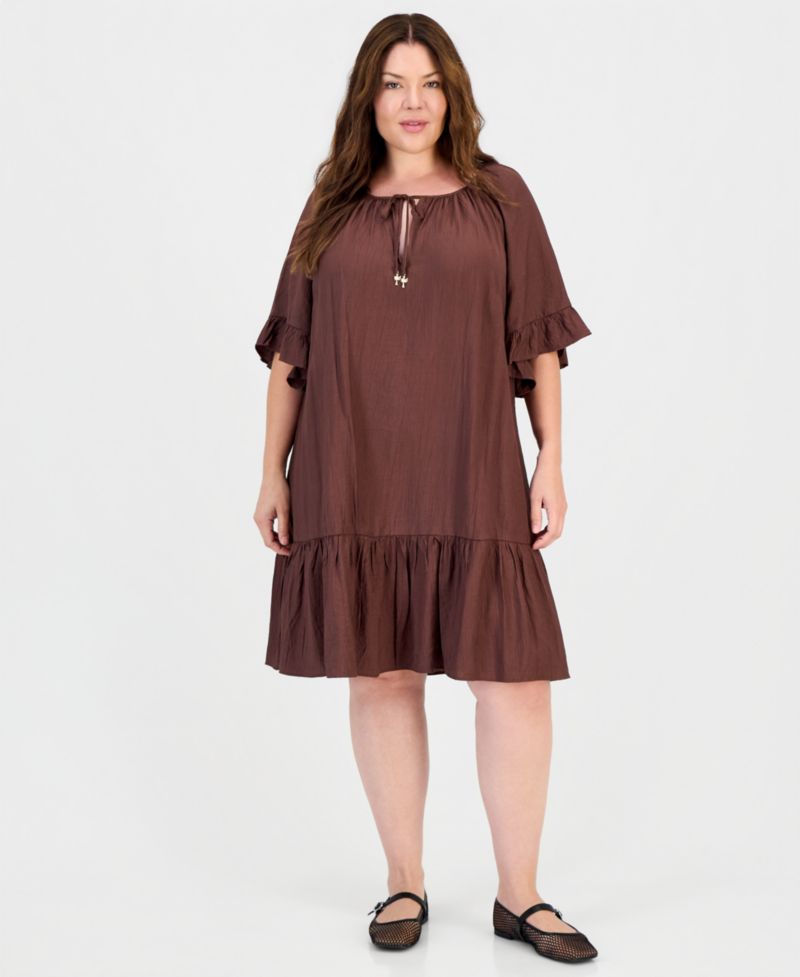 Plus Size Ruffle-Hem Bell-Sleeve Split-Neck Dress