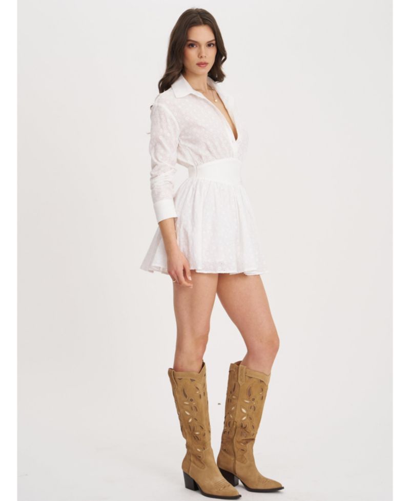Women's Gabriella White Cotton Eyelet Button Up Long Sleeve Shirt Dress