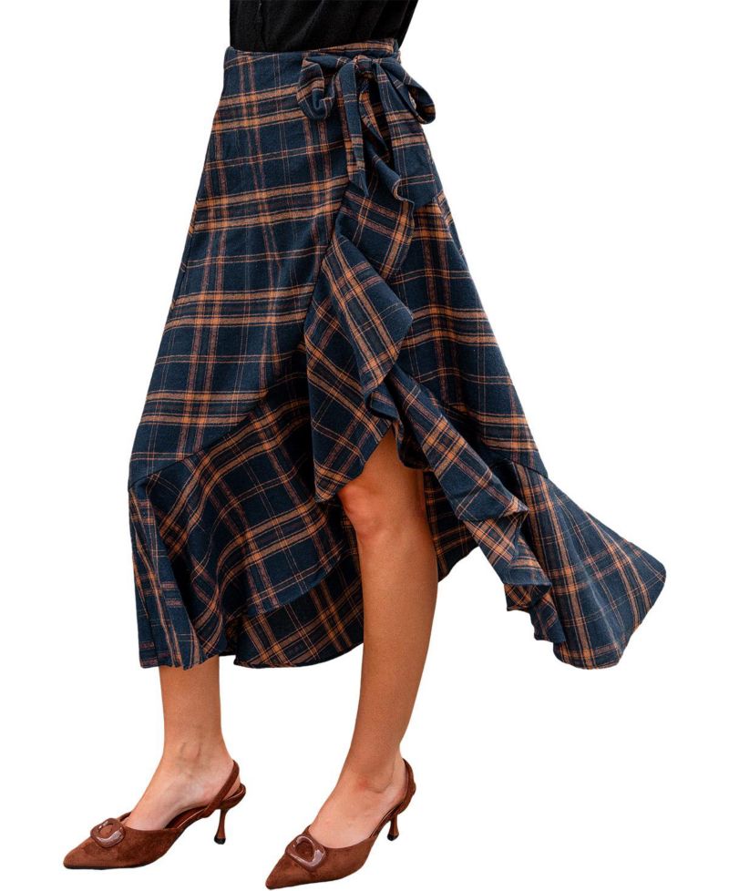 Women's Extra Credit Plaid High-Waisted Asymmetrical Midi Skirt