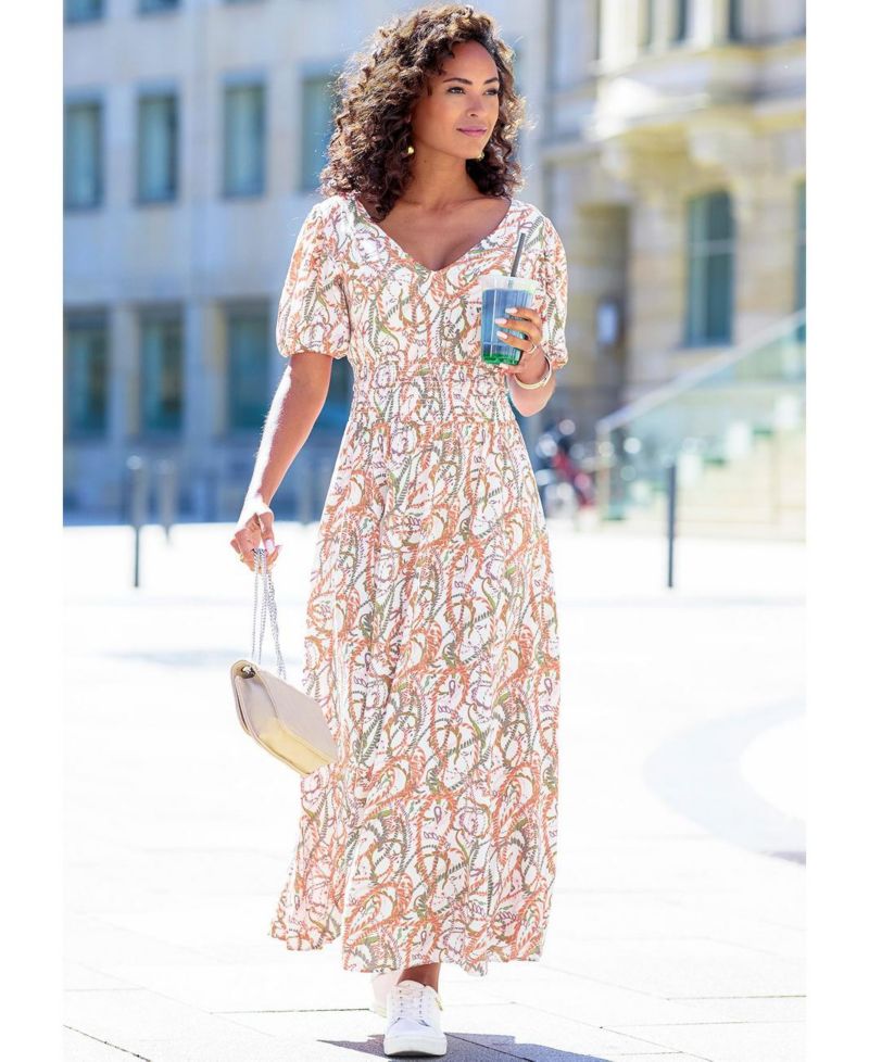Women's Viscose Printed Puff A-Line V-Neck Empire-Waist Maxi Dress