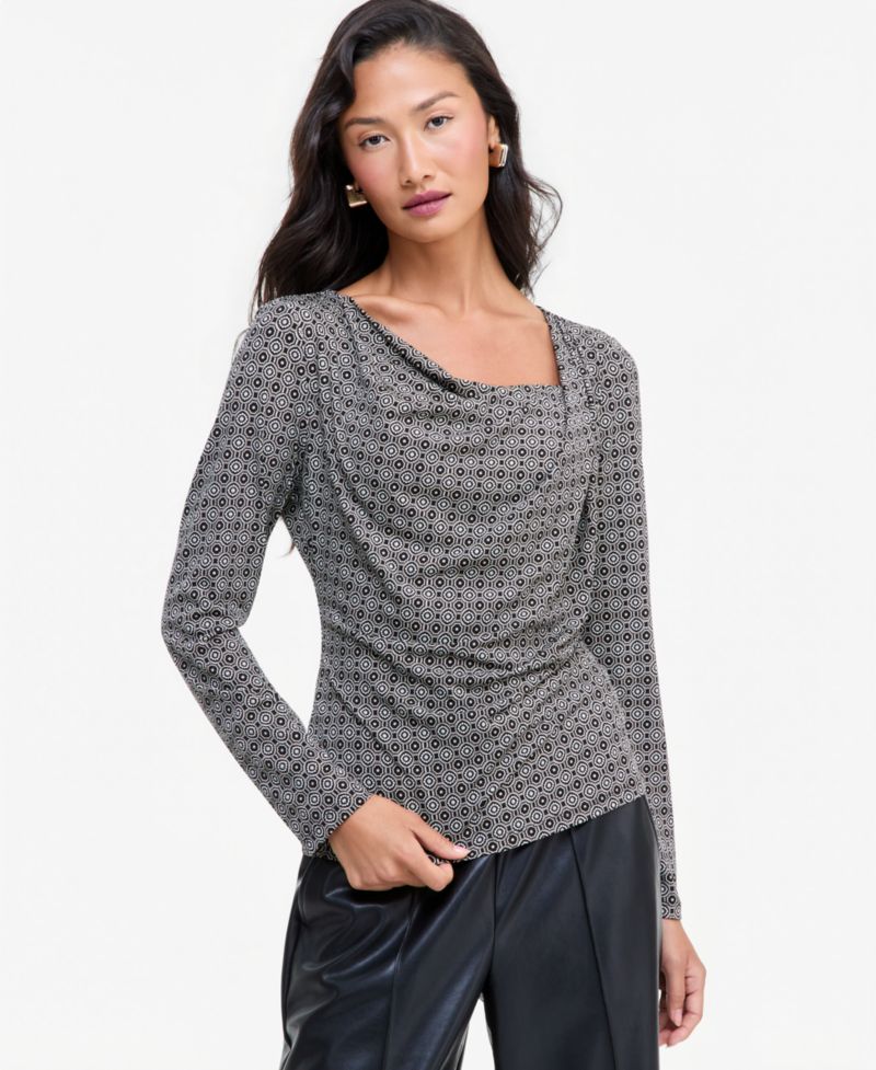 Women's Printed Cowl-Neck Long-Sleeve Top