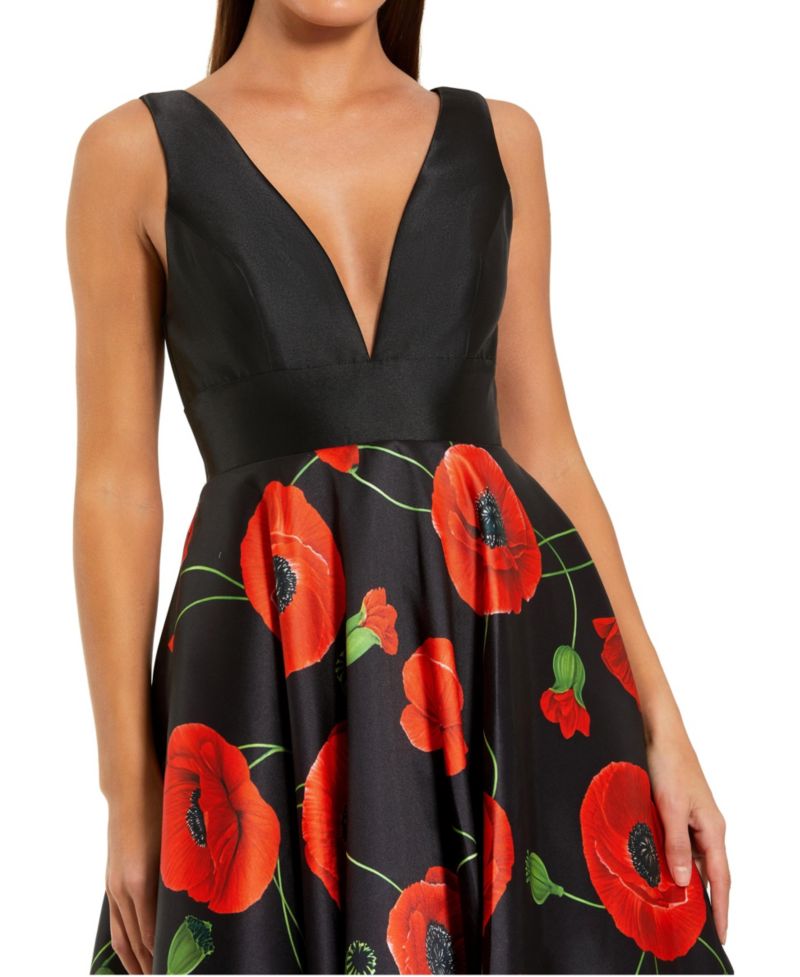 Women's Black Plunge Neck Ballgown With Floral Mikado Skirt