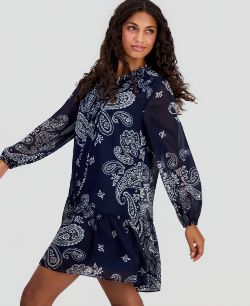 Petite Printed Chiffon Tie-Neck Tiered Dress