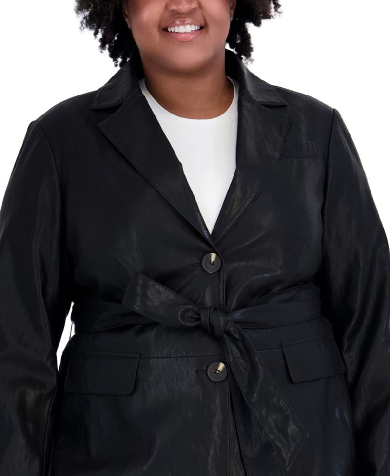Plus Size Belted Faux Leather Trench Coat