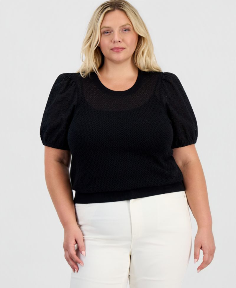 Plus Size Mixed-Media Pointelle Short-Sleeve Sweater
