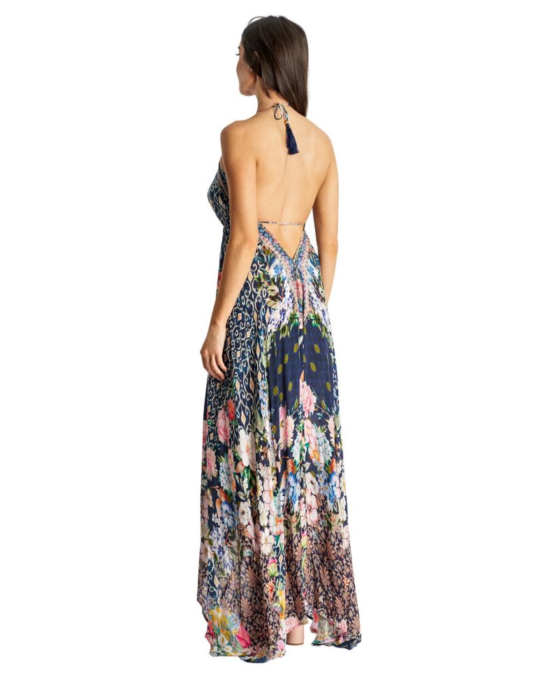 Women's Maxi Tropical Print Halterneck Dress