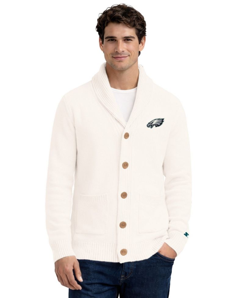 Men's Cream Philadelphia Eagles Shawl Collar Heavy Knit Cardigan Sweater