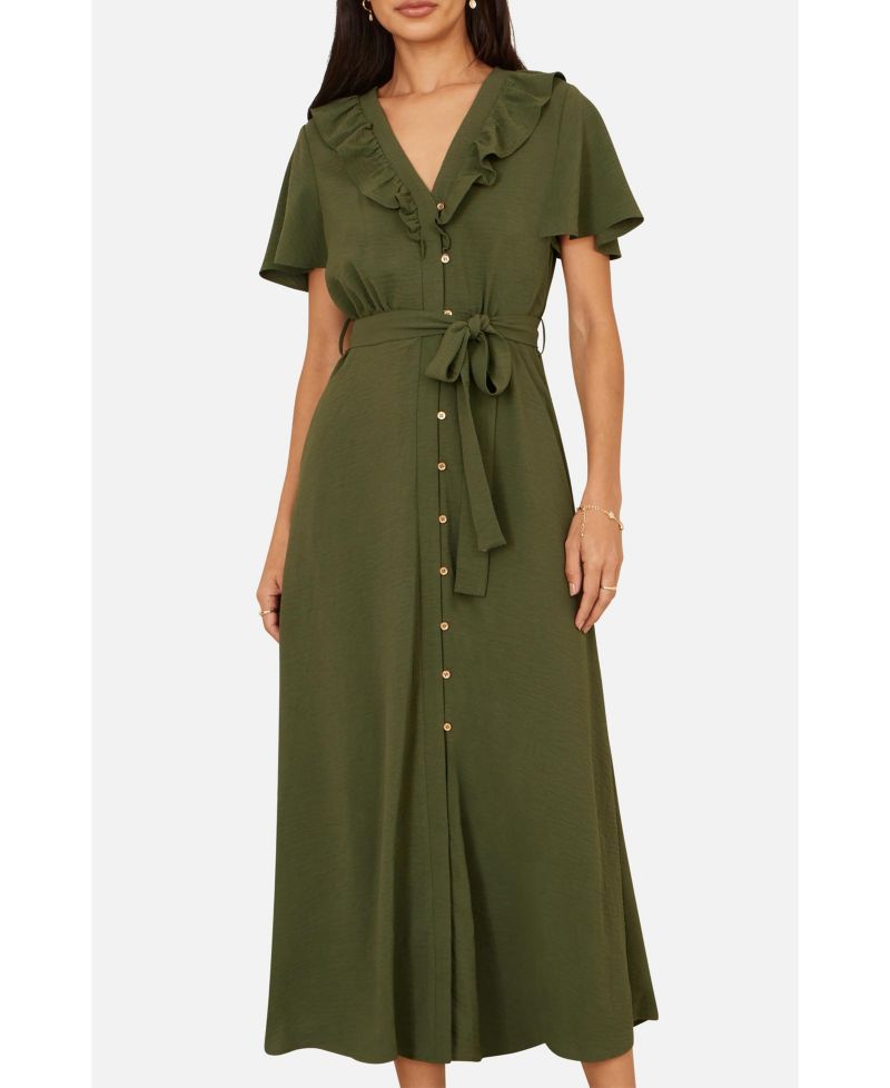 Women's Ruffle Collar Midi Shirt Dress