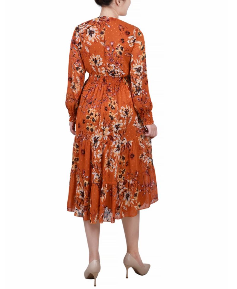 Women's Long-Sleeve Clip Dot Chiffon Dress with Smocked Waist and Cuffs Dress