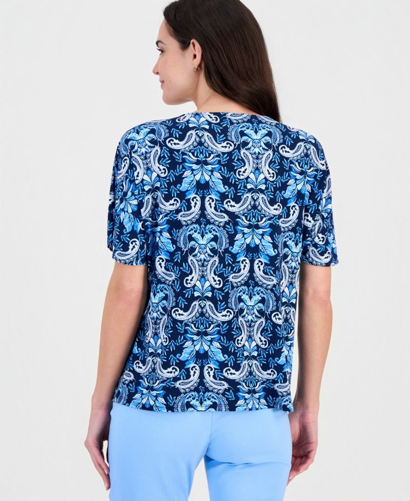 Women's Short Dolman-Sleeve Printed Keyhole Knit Top