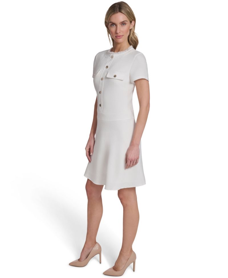 Women's Short-Sleeve Hopsack Fit and Flare Shirt Dress