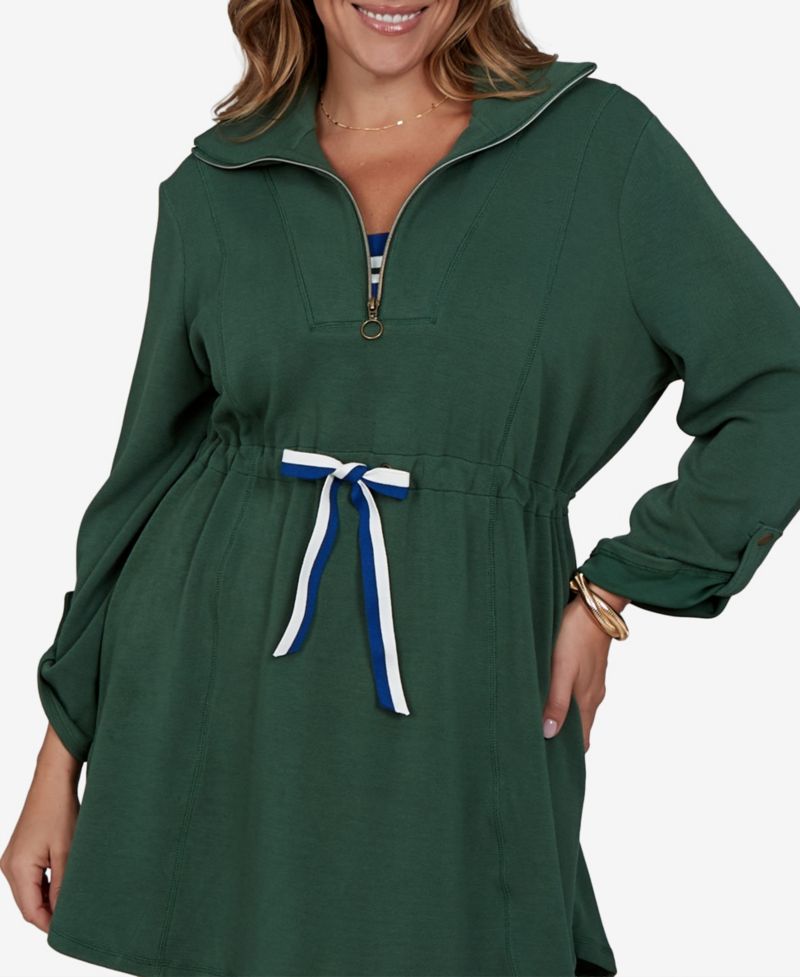 Plus Size Stripe Trim Drawstring Waist Dress