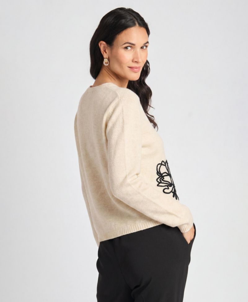 Women's Chenille Floral Embroidery Crewneck Sweater
