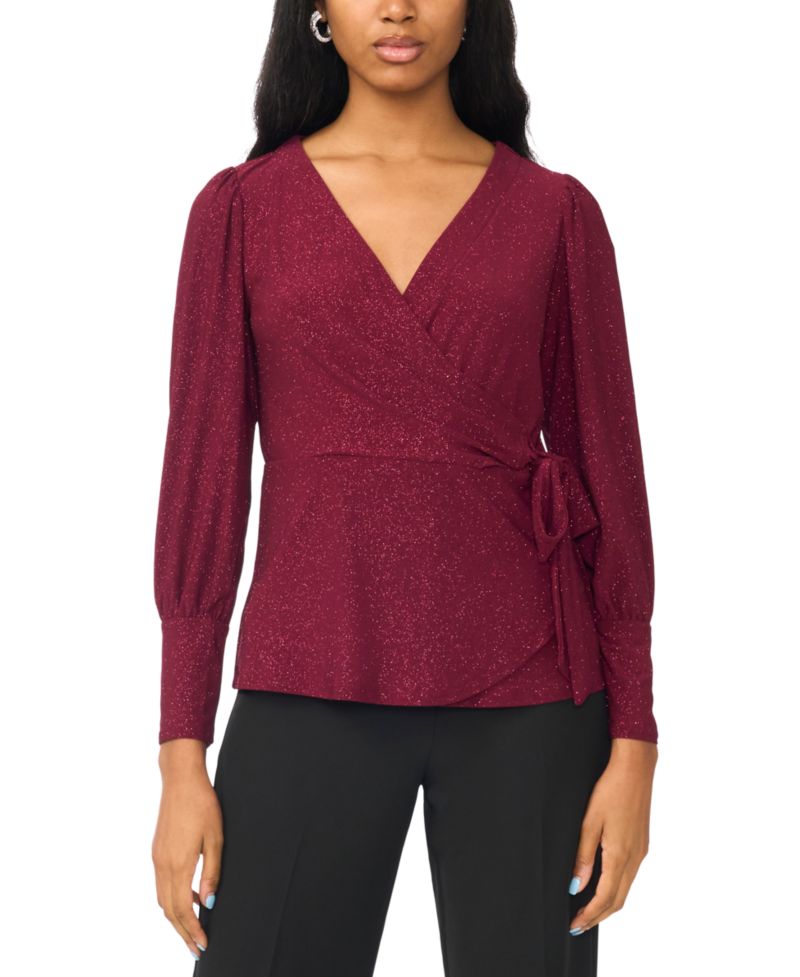 Women's Faux Wrap Metallic Long-Sleeve Top
