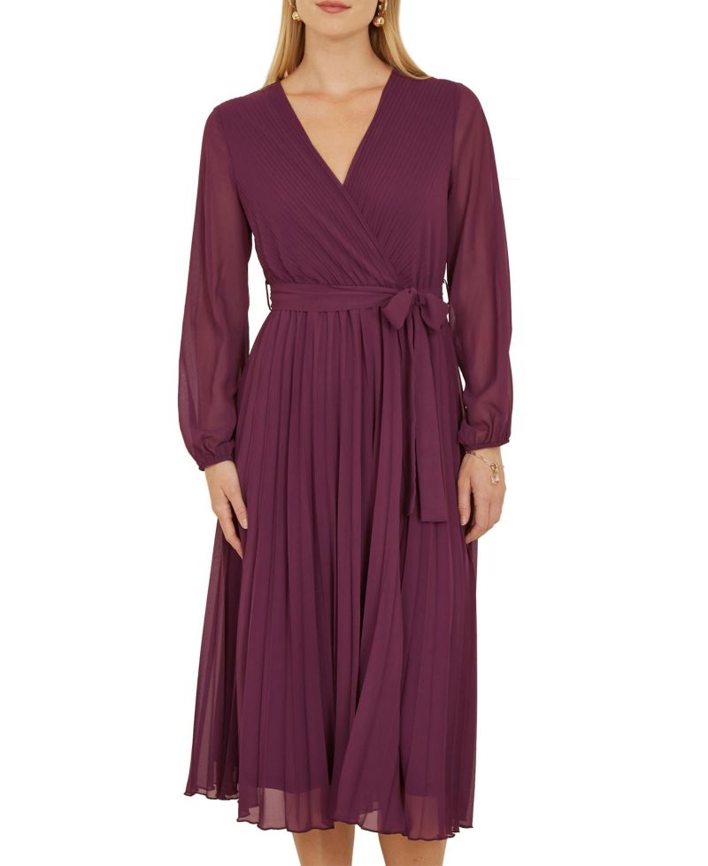 Women's Long Sleeved Pleated Midi Wrap Dress