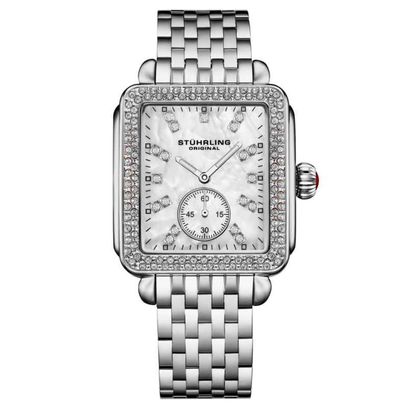 Women s 4090 34mm Crystal-Accented Rectangular Stainless Steel Bracelet Watch with Mother-of-Pearl Dial