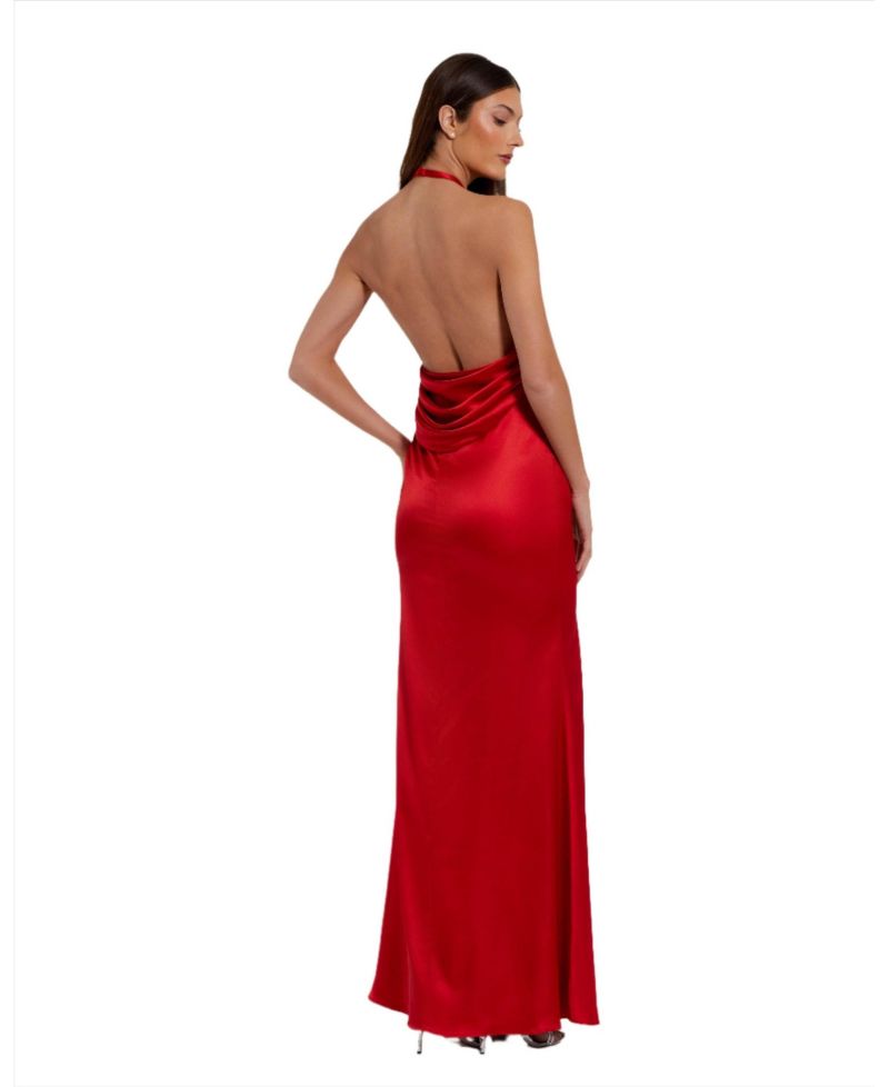 Women's Fitted Satin Sleeveless Halter Gown With 3D Flower