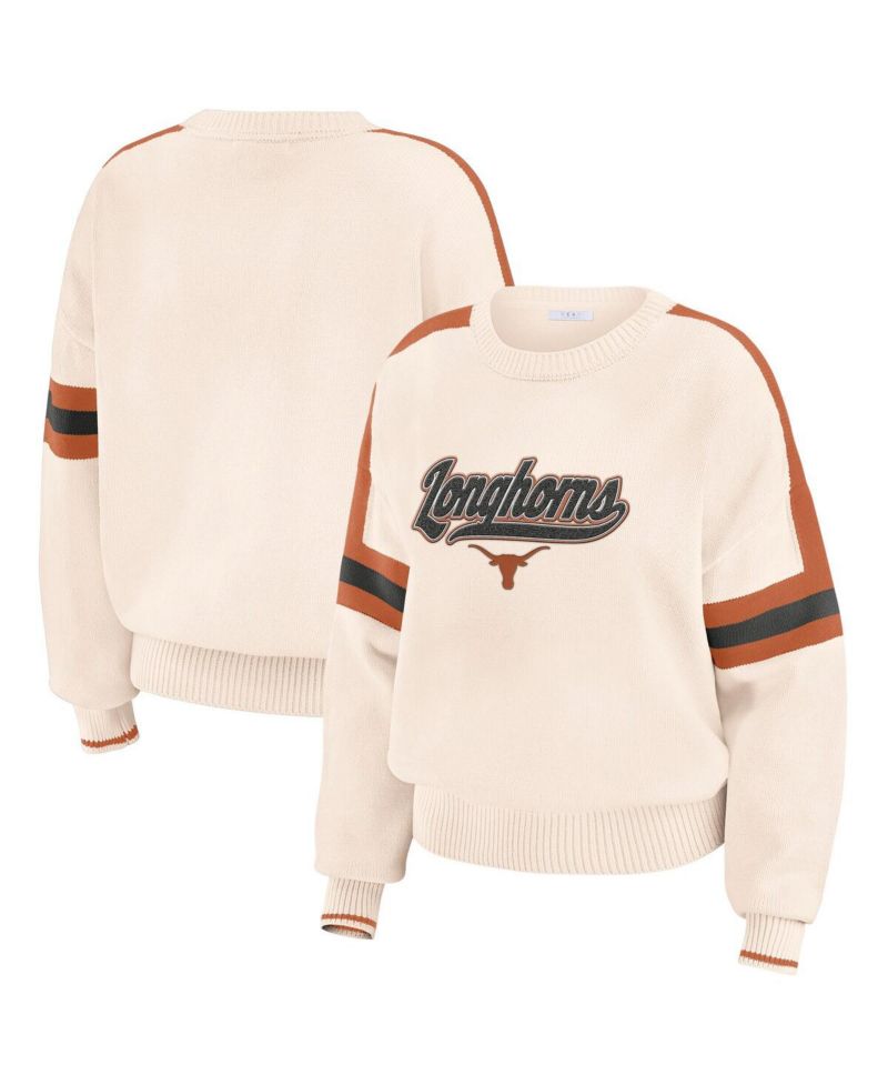 Women's Cream Texas Longhorns Chenille Woven Patch Stripe Pullover Sweater