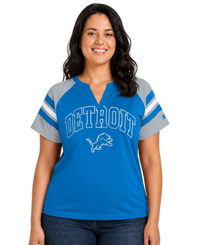Women's Blue Detroit Lions Plus Size Game On Notch Neck Raglan T-Shirt