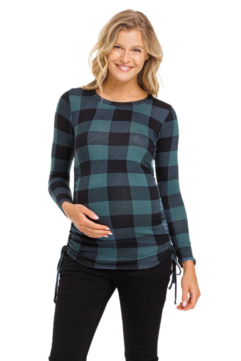 Maternity Plaid Side Ruched Long Sleeve Top