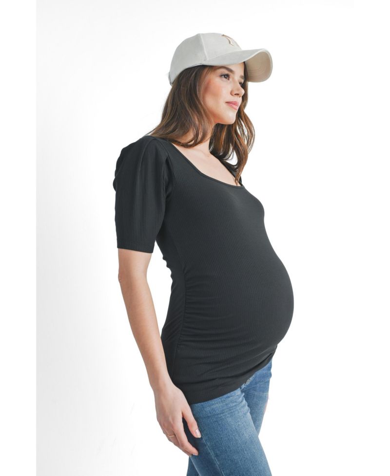 Women's Ribbed Puff Sleeve Square Neck Top