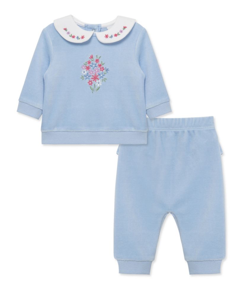 Baby Girls' Bouquet Embroidered Velour Top and Pants, 2-Piece Set